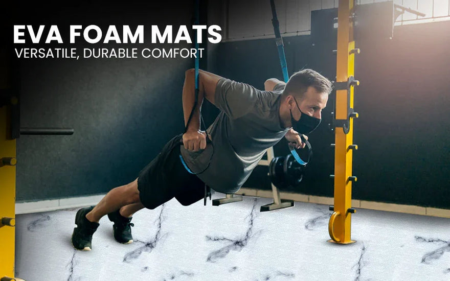 Man wearing mask exercising with gymnastic rings on white EVA foam mats in gym