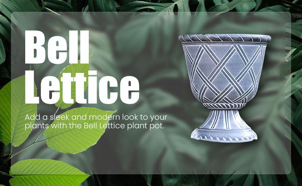 Bell Lettice modern decorative plant pot with geometric lattice pattern on green leaf background