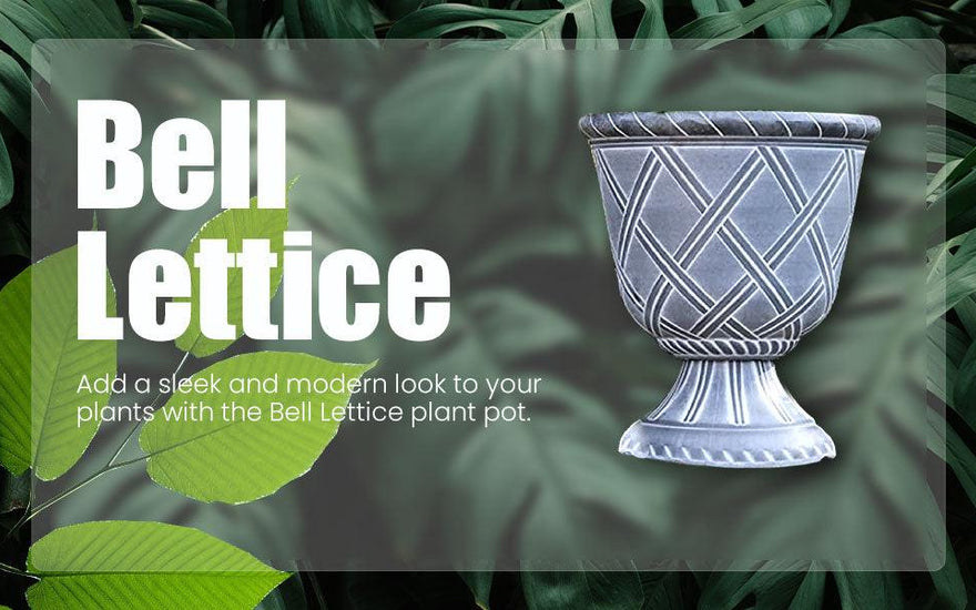 Bell Lettice modern decorative plant pot with geometric lattice pattern on green leaf background