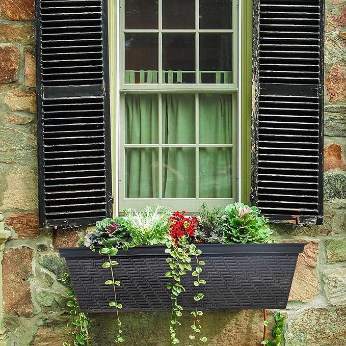 Stone wall window with black shutters and a black woven planter box holding green and red flowers with trailing vines