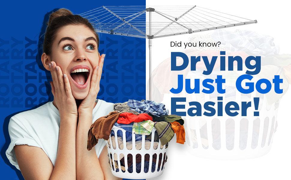 Excited woman with laundry basket full of clothes next to rotary clothesline and text about easier drying