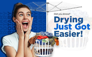Excited woman with laundry basket full of clothes next to rotary clothesline and text about easier drying