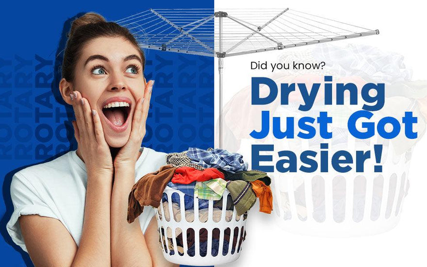 Excited woman with laundry basket full of clothes next to rotary clothesline and text about easier drying