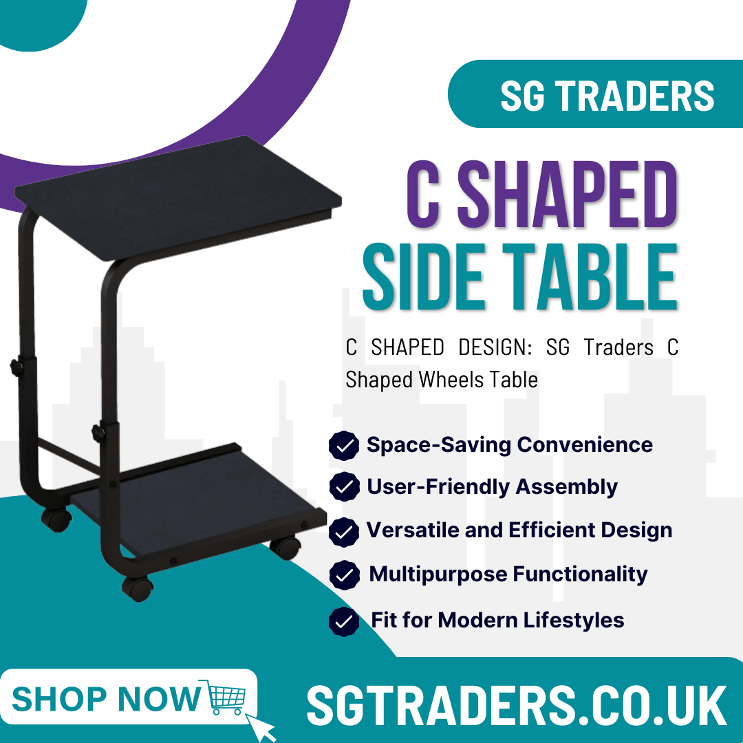 Black C shaped side table with wheels, space-saving and versatile design by SG Traders
