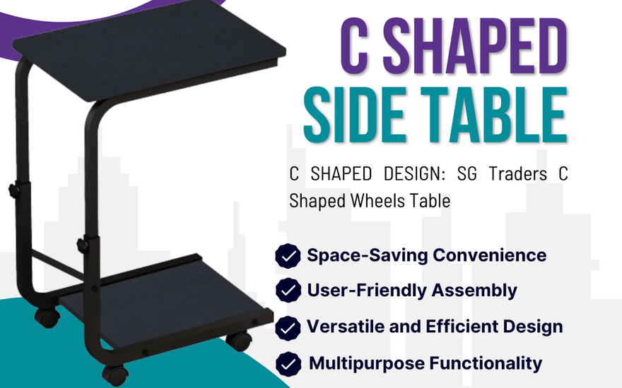 Black C shaped side table with wheels, space-saving and versatile design by SG Traders