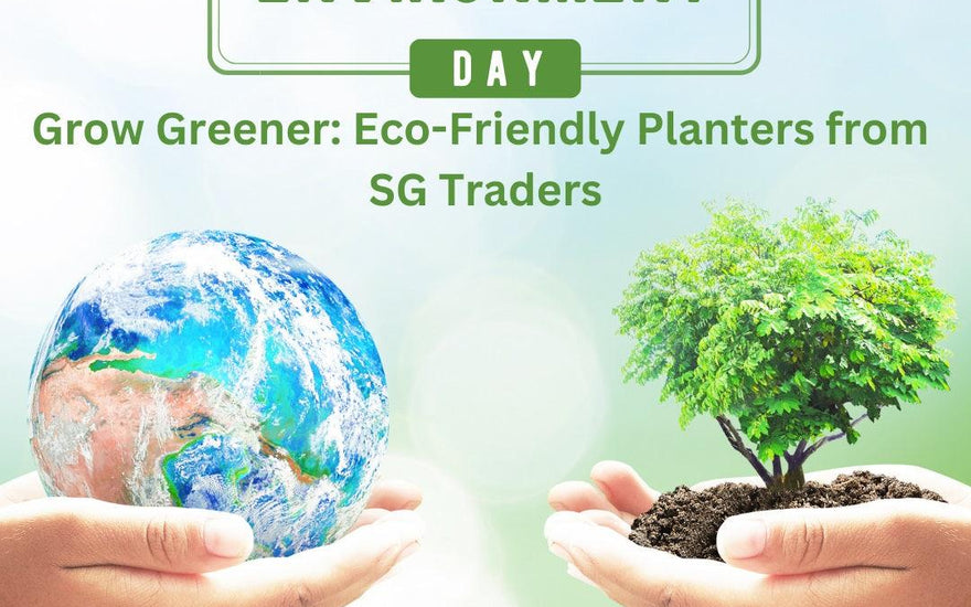 Hands holding Earth and a small tree in soil, promoting World Environment Day eco-friendly planters