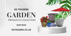 SG Traders garden products collection with potted plants and red umbrella on white platform