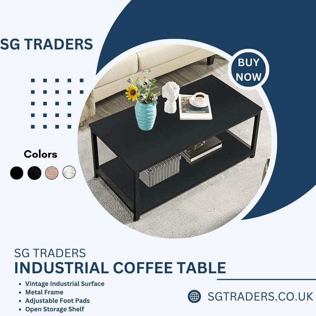 Black industrial coffee table with metal frame, vase with sunflowers, cup, and books on rug