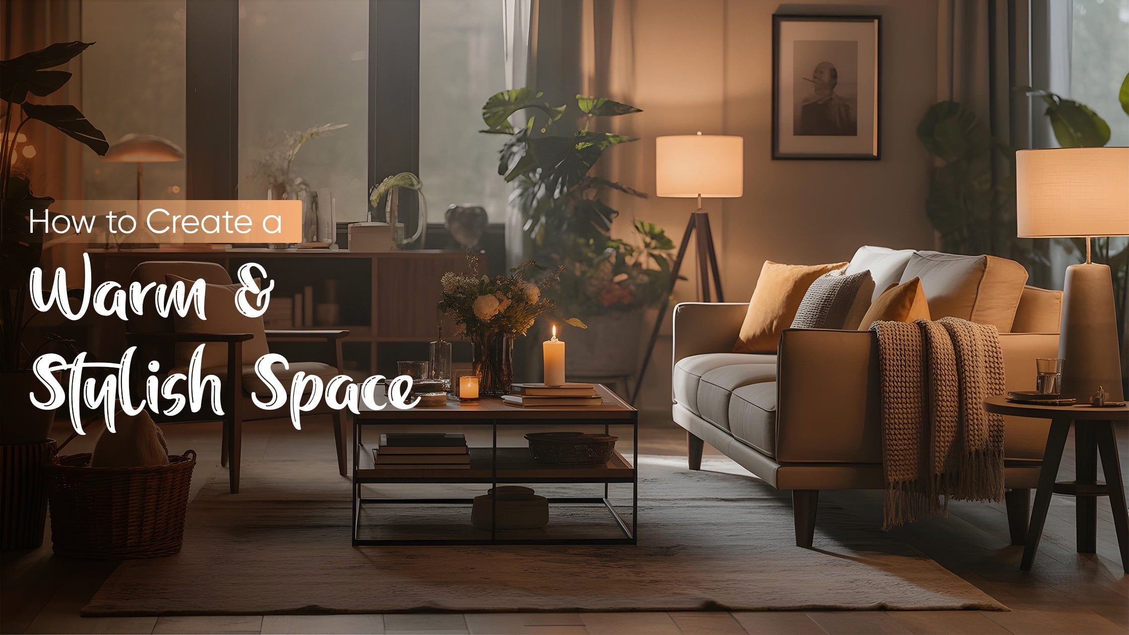 Cozy living room with beige sofa, warm lighting, candles, plants, and stylish decor