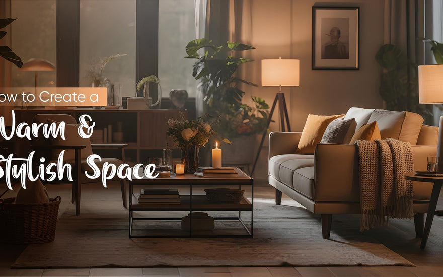 Cozy living room with beige sofa, warm lighting, candles, plants, and stylish decor