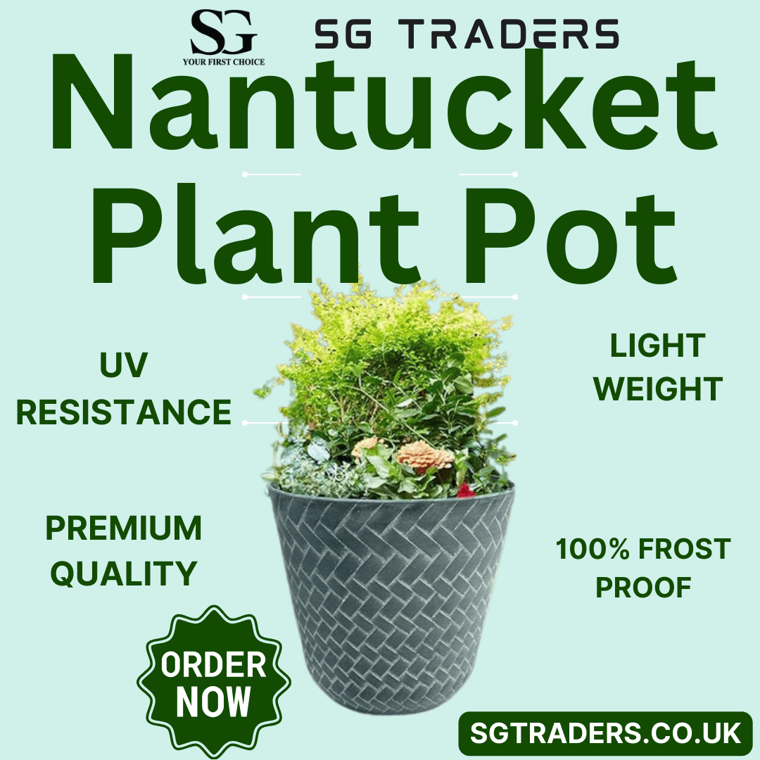 Nantucket plant pot with woven design filled with green plants, UV resistant, lightweight, frostproof