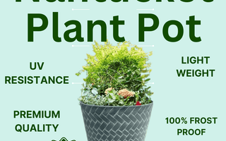 Nantucket plant pot with woven design filled with green plants, UV resistant, lightweight, frostproof