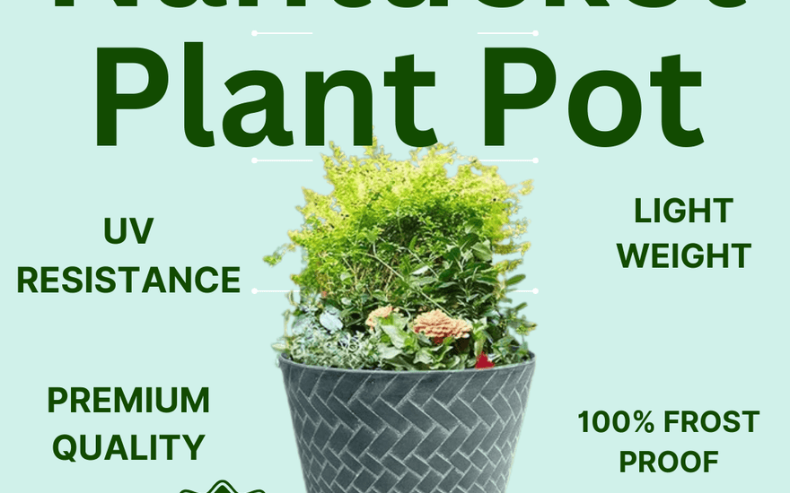 Nantucket plant pot with woven design filled with green plants, UV resistant, lightweight, frostproof