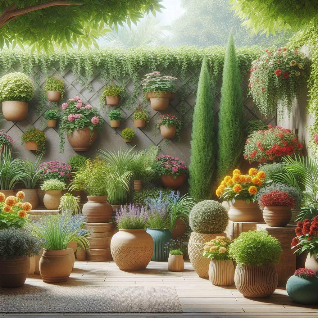 Sunlit garden patio with diverse potted plants and flowers on wooden decking and hanging wall planters