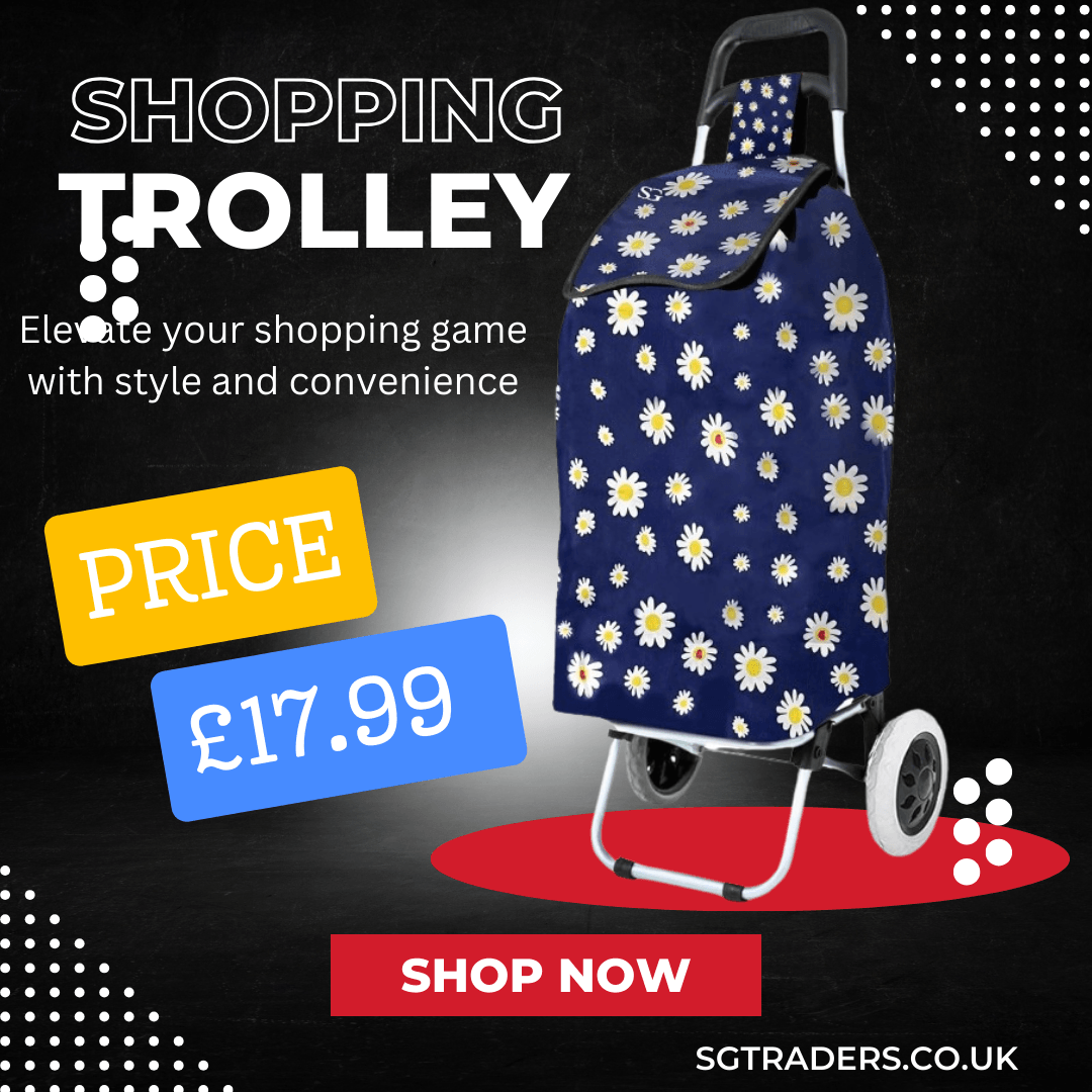 Blue floral shopping trolley bag with sturdy frame and wheels for convenient shopping