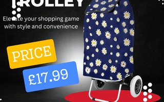 Blue floral shopping trolley bag with sturdy frame and wheels for convenient shopping