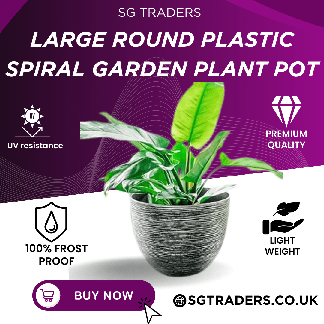 Large round grey plastic spiral garden plant pot with green plants, UV resistant and frost proof