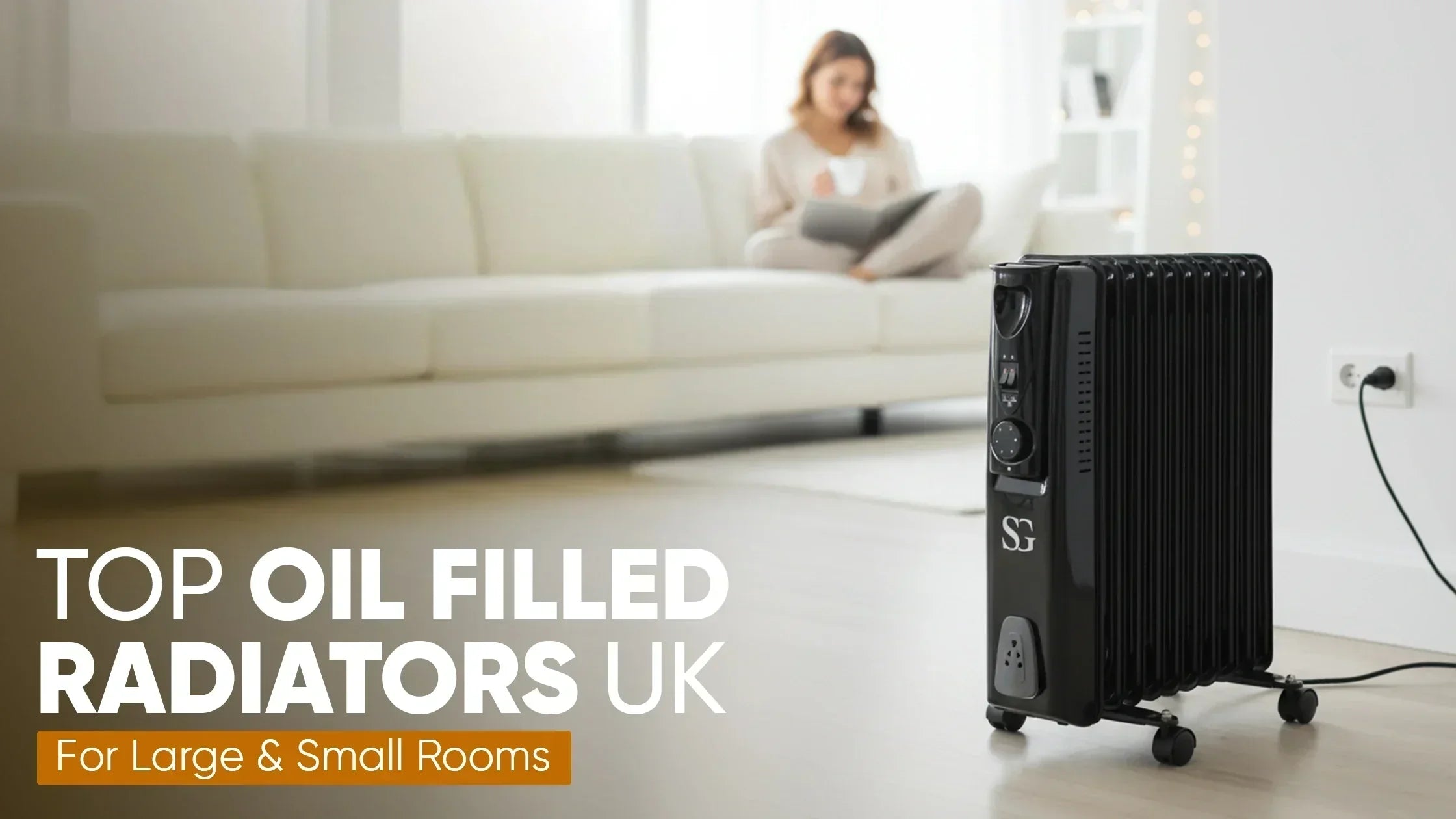 Black oil-filled radiator on wheels in modern living room with woman sitting on white sofa