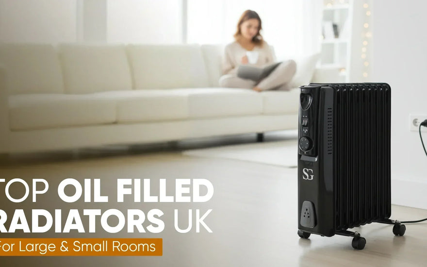 Black oil-filled radiator on wheels in modern living room with woman sitting on white sofa