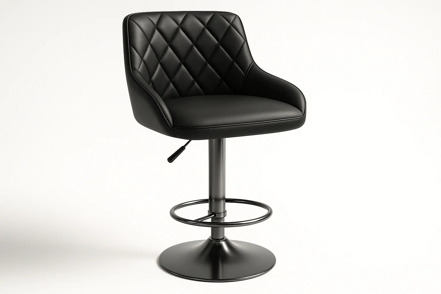 Modern black swivel bar stool with quilted diamond backrest, cushioned seat, and chrome base
