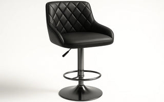 Modern black swivel bar stool with quilted diamond backrest, cushioned seat, and chrome base