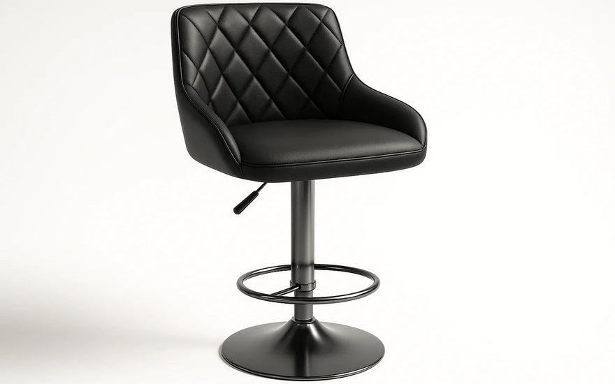 Modern black swivel bar stool with quilted diamond backrest, cushioned seat, and chrome base
