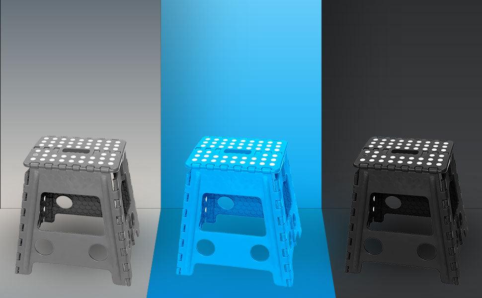 Three plastic folding step stools in gray, blue, and black with white polka-dot tops on gradient backgrounds