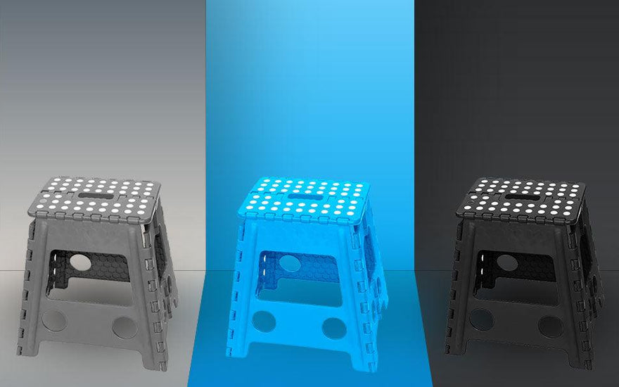 Three plastic folding step stools in gray, blue, and black with white polka-dot tops on gradient backgrounds