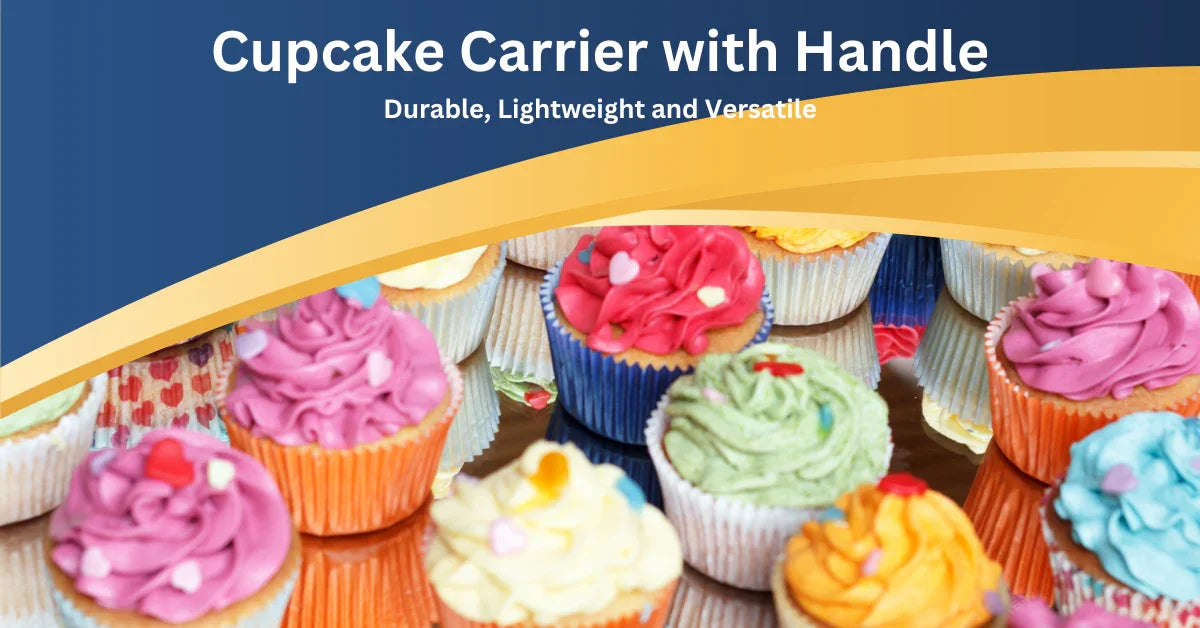 Colorful cupcakes with various frostings inside a cupcake carrier with handle, durable and lightweight