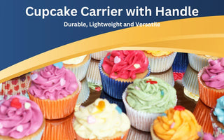Colorful cupcakes with various frostings inside a cupcake carrier with handle, durable and lightweight