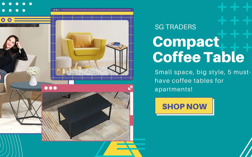 Compact coffee tables with modern designs in stylish apartment settings, featuring a round gray and rectangular black table