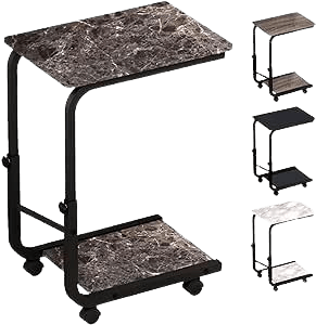 C-shaped side table with marble top and black metal frame on wheels, shown in multiple color options