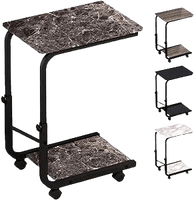 C-shaped side table with marble top and black metal frame on wheels, shown in multiple color options