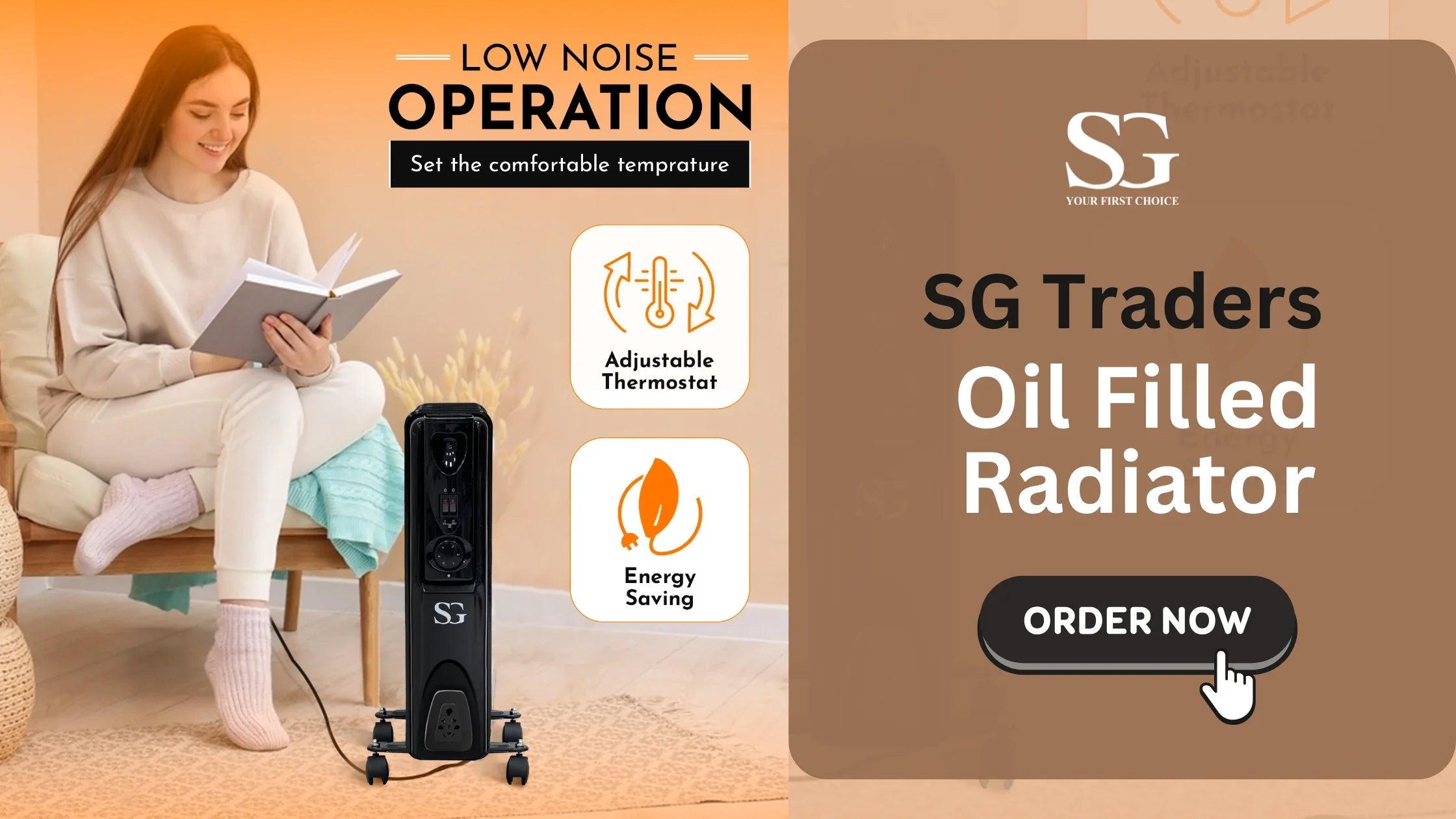 Woman reading on chair beside SG oil filled radiator heater with adjustable thermostat and energy saving features
