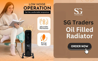 Woman reading on chair beside SG oil filled radiator heater with adjustable thermostat and energy saving features