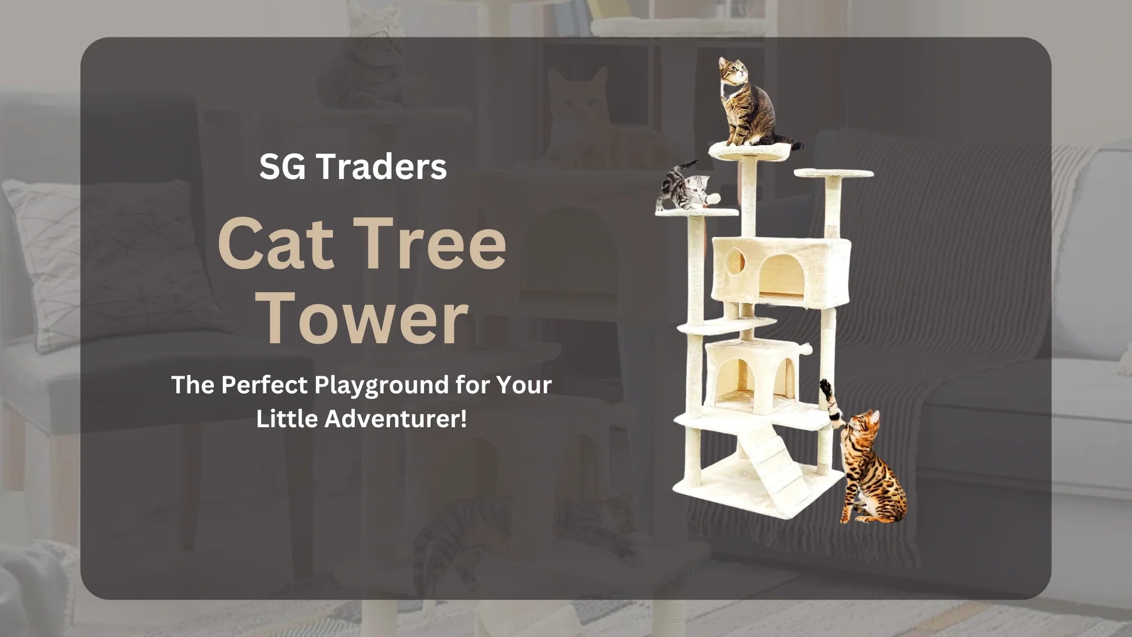 SG Traders beige cat tree tower with multiple platforms and three cats playing and climbing