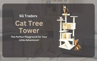 SG Traders beige cat tree tower with multiple platforms and three cats playing and climbing