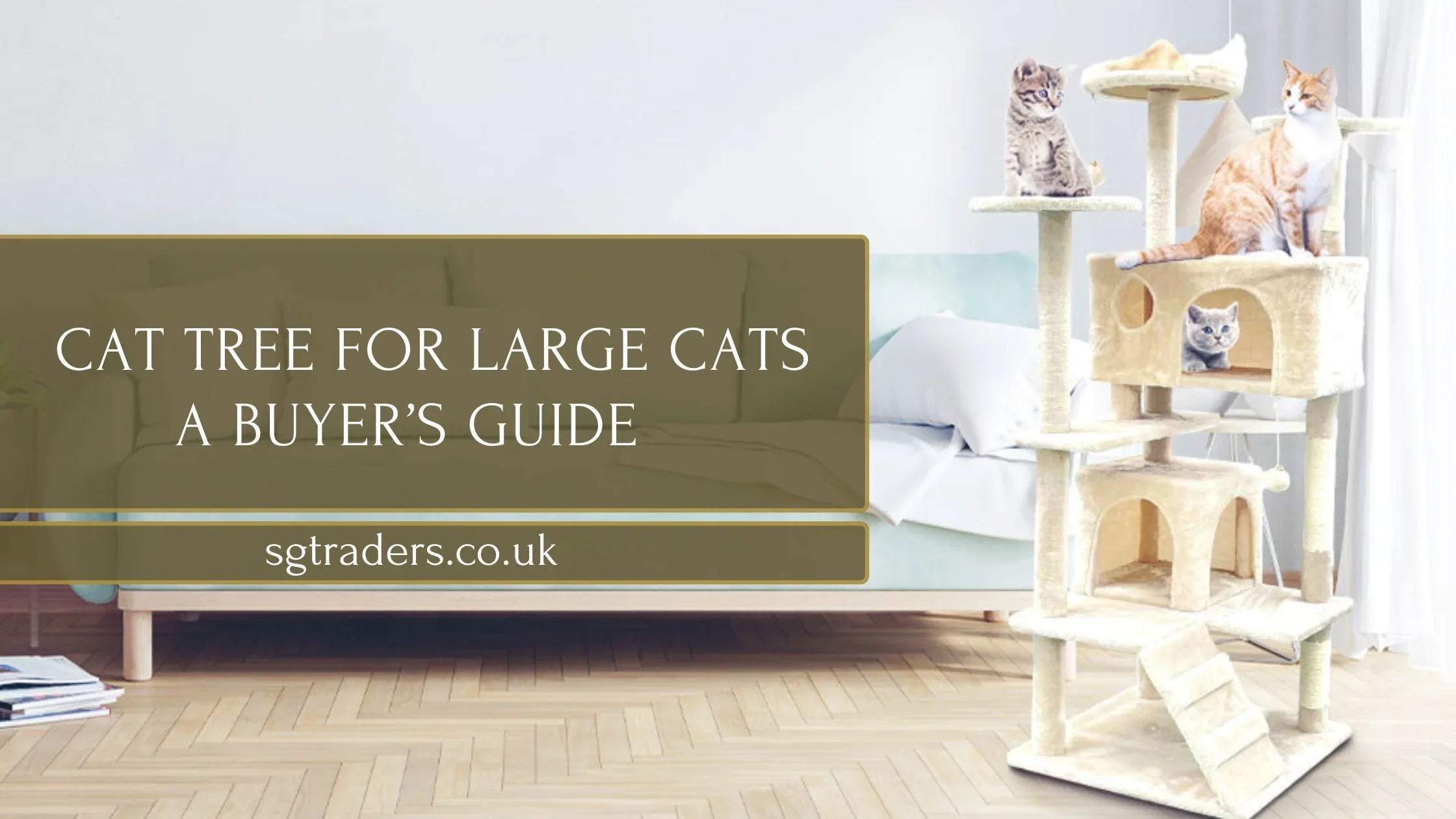 Large beige cat tree with three cats in a modern living room setting