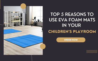 Blue EVA foam mats on light wood floor in bright, modern children's playroom with shelves and exercise bike