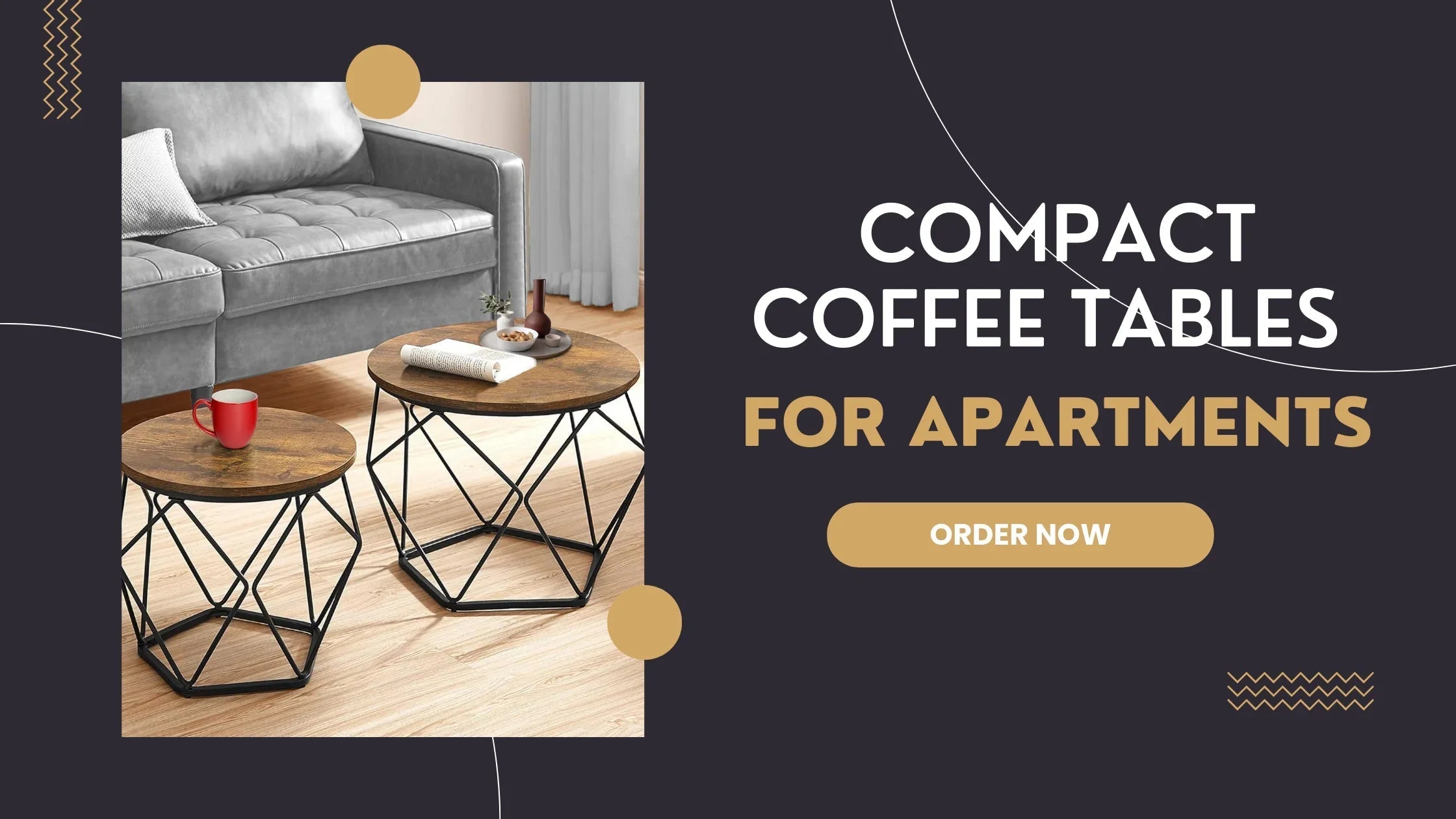 Compact wooden coffee tables with black metal frames in modern apartment living room