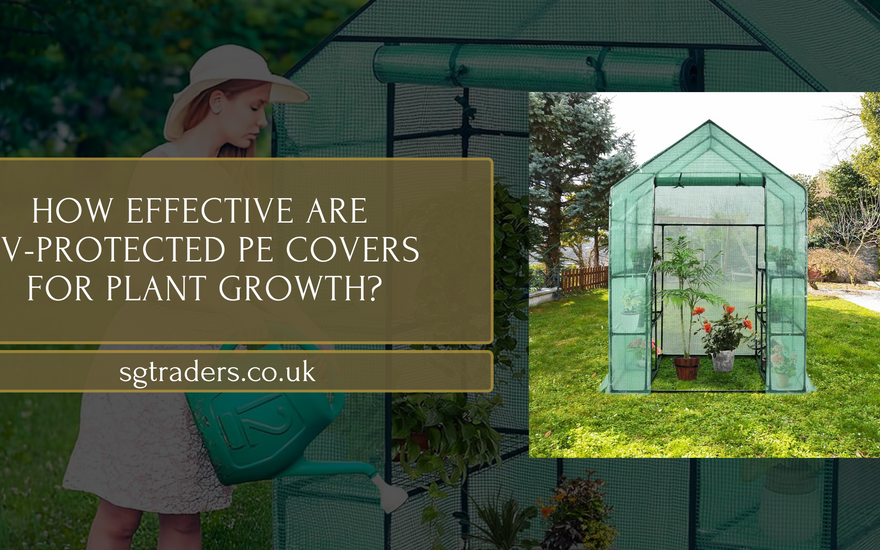 Green UV-protected PE greenhouse cover with various potted plants inside on a sunny garden lawn