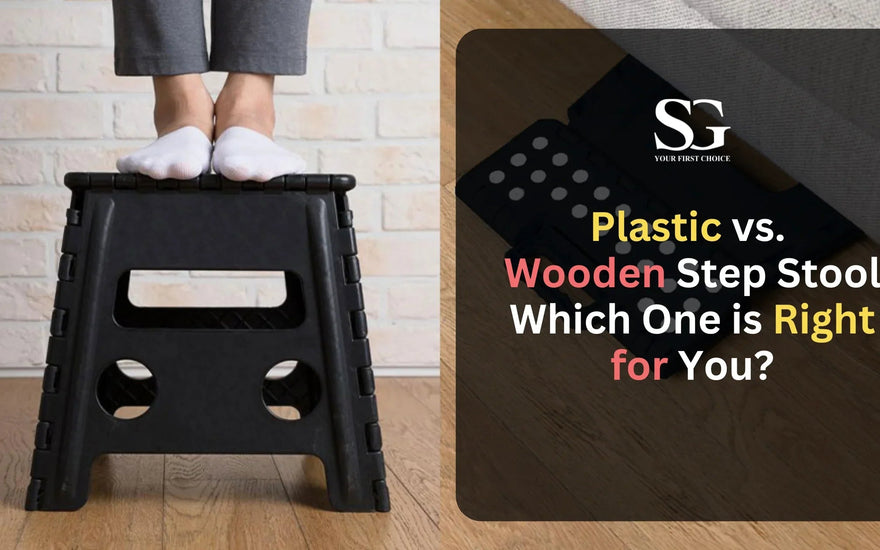 Person standing on black plastic step stool on wooden floor against white brick wall