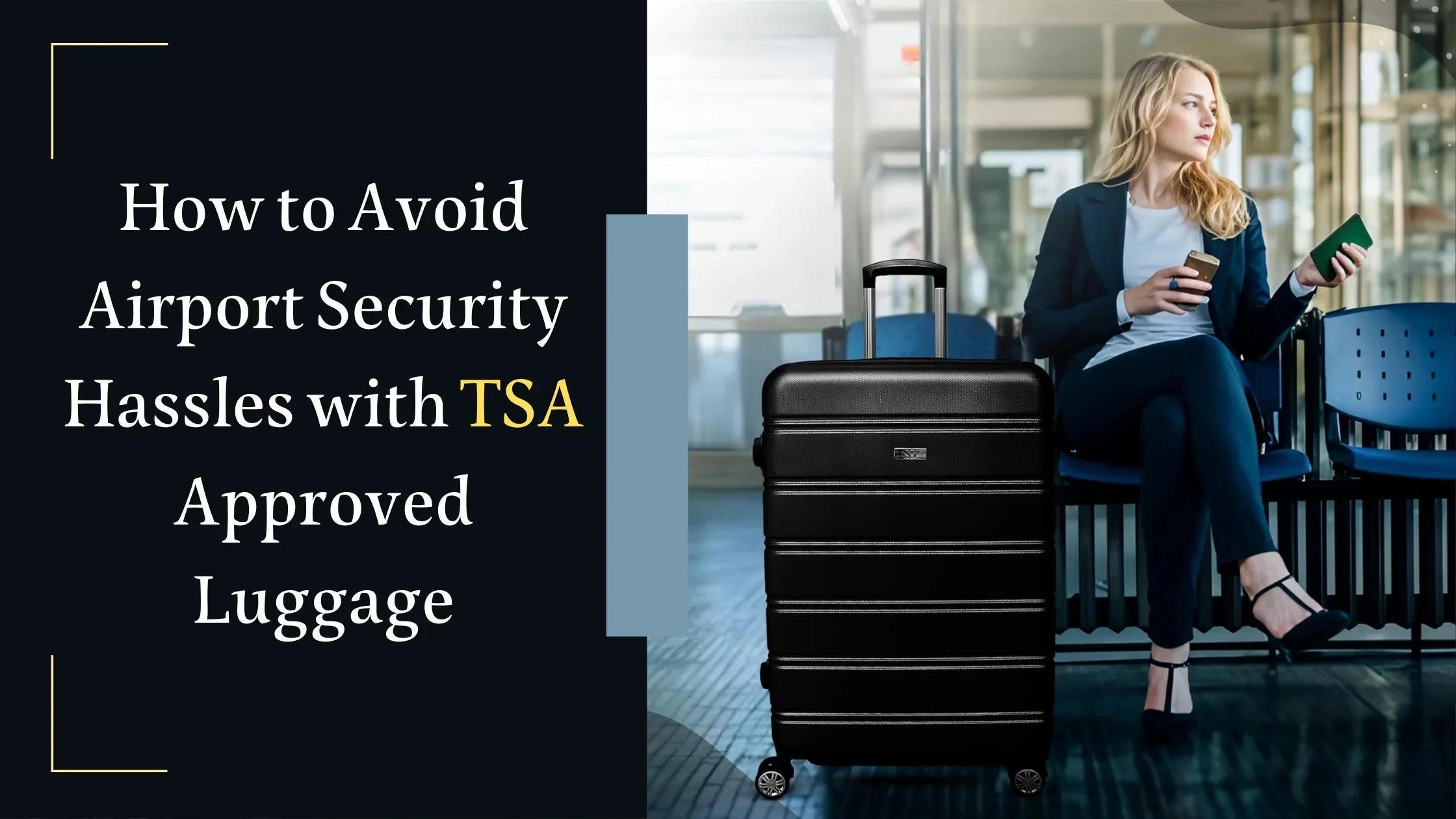 Businesswoman sitting in airport lounge with black TSA-approved suitcase holding phone and passport