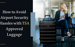 Businesswoman sitting in airport lounge with black TSA-approved suitcase holding phone and passport