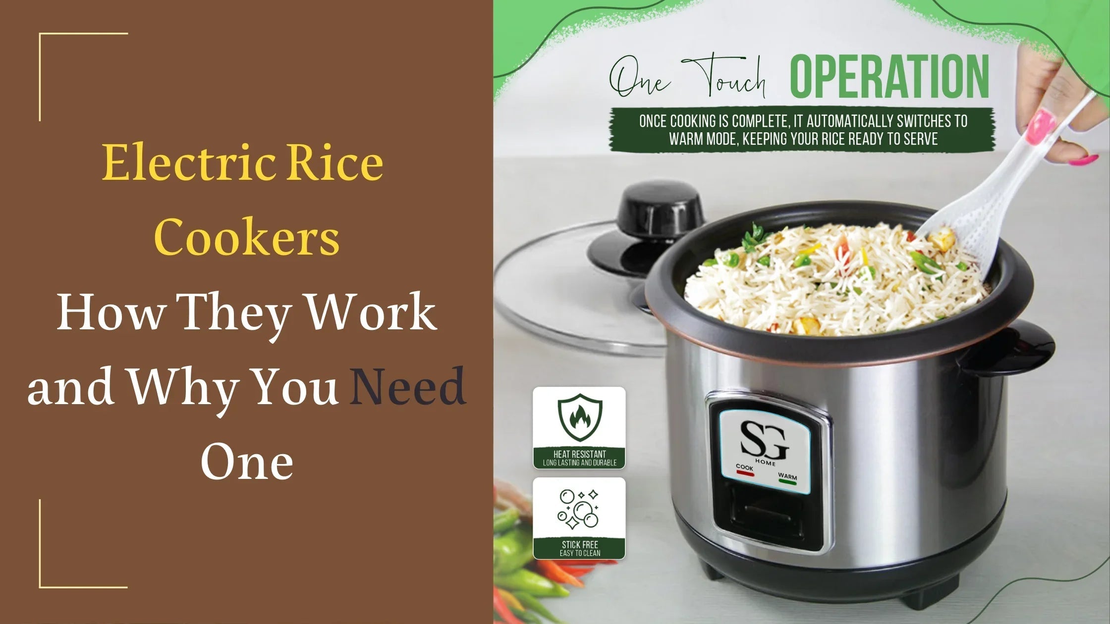 Electric rice cooker with cooked rice, heat resistant and stick free features, one touch operation