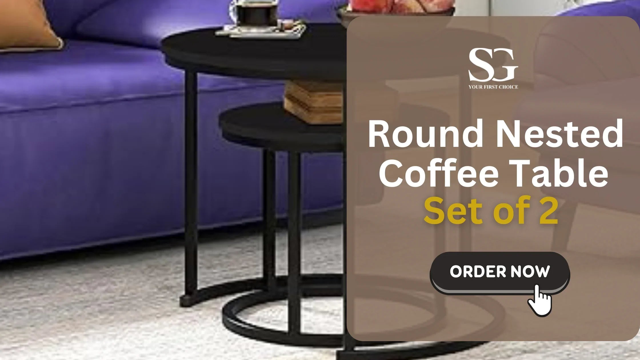 Set of two round nested black metal coffee tables next to a purple sofa in modern living room