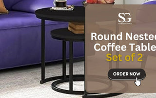 Set of two round nested black metal coffee tables next to a purple sofa in modern living room