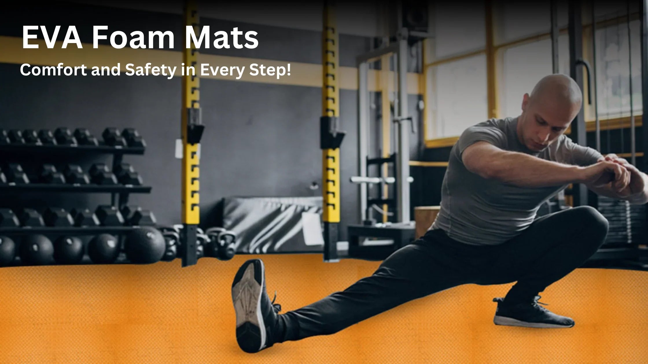 Man stretching on orange EVA foam gym mats in a fitness center with weight racks