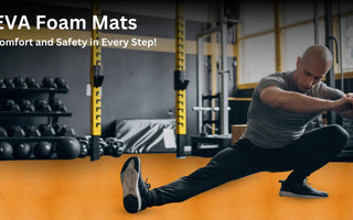 Man stretching on orange EVA foam gym mats in a fitness center with weight racks