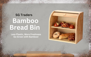 SG Traders bamboo bread bin with assorted breads on a gray background with wooden rolling pin